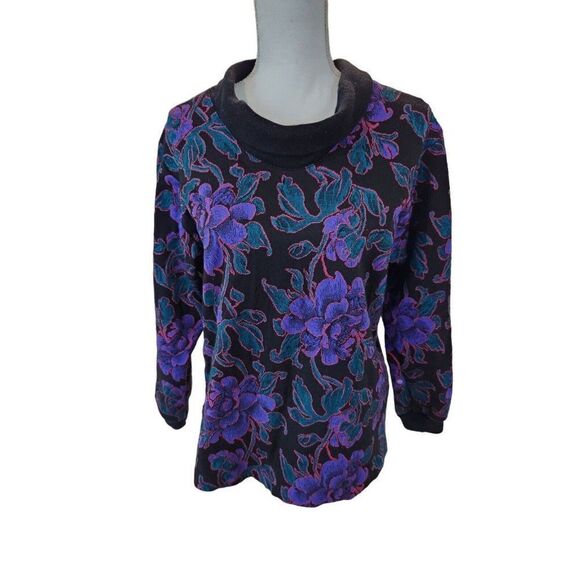 Graff Sweaters - Vintage 80s Graff Purple Black Floral Long Sleeve M Lightweight Sweater Blouse